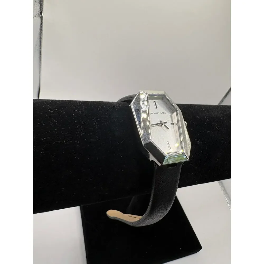 Michael Kors Watch Silver Geometric Case Black Leather Strap